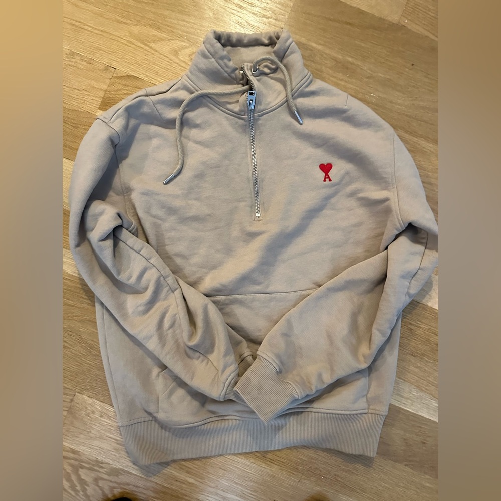Ami Beige Half-Zip Sweatshirt with Red Logo